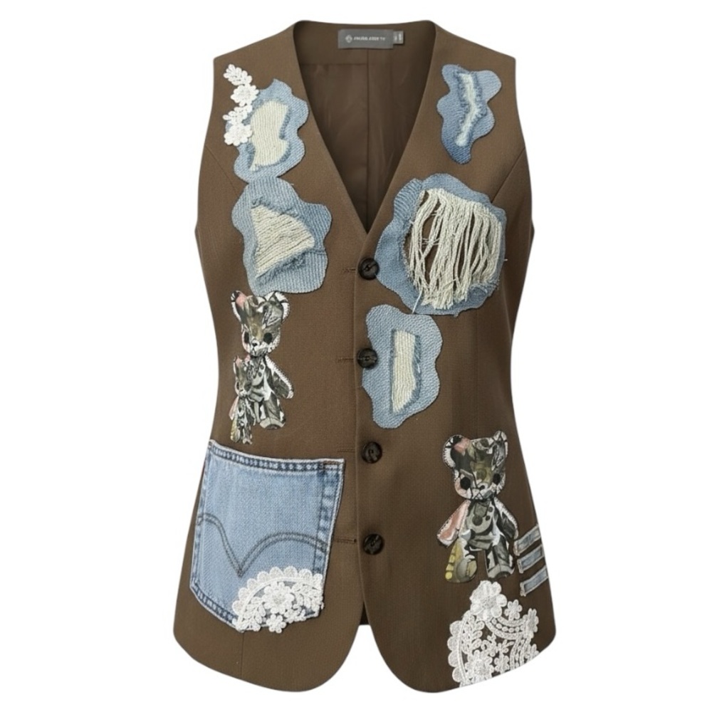 Artistic Brown Vest with Denim Accents